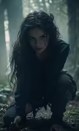 a woman kneeling on the ground near the woods