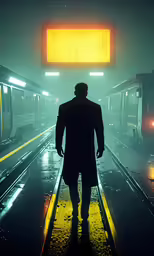 man in coat standing on foggy subway platform at night