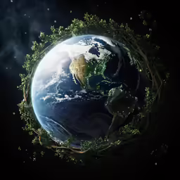 earth seen from space surrounded by trees and plants