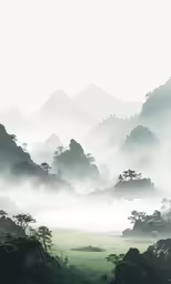 landscape of the mountains covered with mist and trees