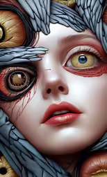 a close up of a woman with a large, wavy eye