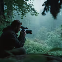 a person taking pictures with a camera in a forest
