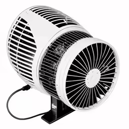 a black and white fan is on the stand