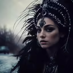 woman in black with a feather headdress and chains