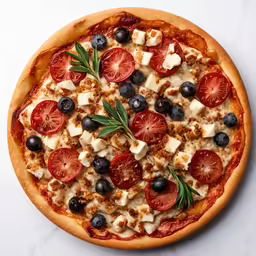 a pizza with many different toppings sits on a table