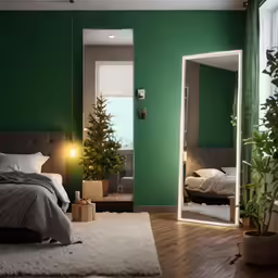 this is a green bedroom with a bed and window