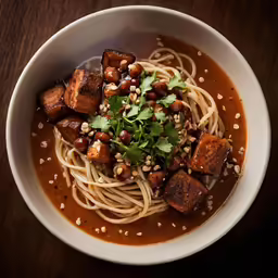 a bowl with some noodles and tofu topped with herbs