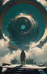 man looking into the distance in front of huge circle above the clouds