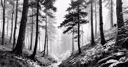 fog - covered forest with fallen trees and a winding trail