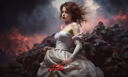 the young woman is sitting down with her hair flying