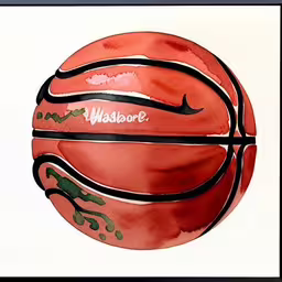 a watercolor painting of a basketball in red with a black writing w,a watercolor painting of a basketball with a name on it