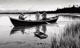 a couple of people in a boat with rods,three people are standing in their small boat