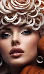 a woman with curly hair and flowers on her head
