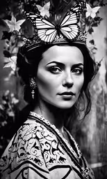 a woman wearing a headdress with butterflies on her head,a woman wearing butterfly crowns, with butterflies around her