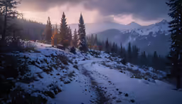 the path is covered with snow and has trees on both sides