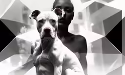 two girls with black and white make their faces as they pose with their dog