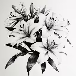 black and white drawing of lilies in a vase