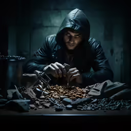 a man in black jacket and hood sitting at table using knife to cut leaves