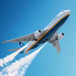 airplane in mid - flight, leaving trail of smoke