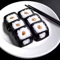 several pieces of sushi are on a plate with chopsticks
