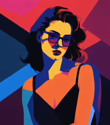 a portrait of a woman in sunglasses in a color background,a painting of a woman with glasses on