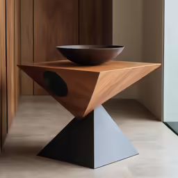 a wooden bowl on a metal stand in front of a doorway