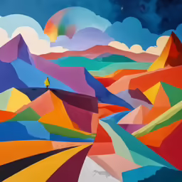 a colorful painting of a person standing on a hill with rainbow colors
