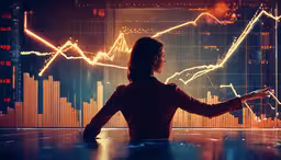 a woman standing in front of an upward graph,a person pointing a chart in the background