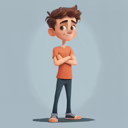 a cartoon character with his arms crossed, in front of a light blue background
