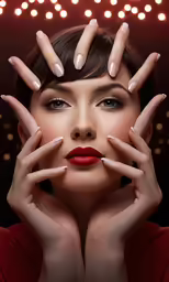 a young woman with manicured hands on her face and makeup, and a red background