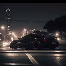 a dark car parked in front of a city building at night