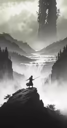 a person holding a sword on top of a cliff