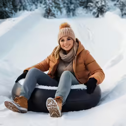 a woman sitting on an inflatable tube in the snow