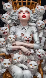 a drawing of a woman in front of many cats