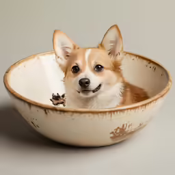 a small brown and white dog in a bowl