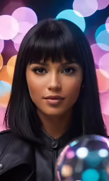 a close up of a person with a mirror ball