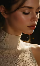 a young woman wearing a beige sweater looks at her cellphone