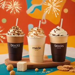 three drinks sit on a wood board and some cookies are being held by the straws