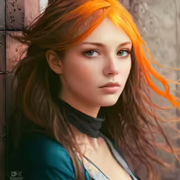 a woman with bright orange hair is staring away