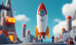 a little man standing in front of a model rocket ship