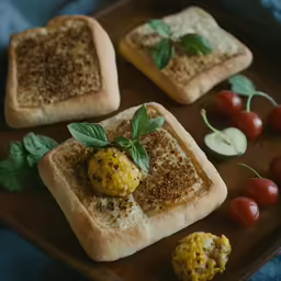 there are some crackers with toppings on top of it