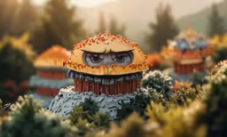 toy figures stand out among foliage and trees