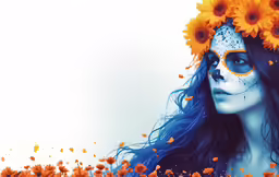 a woman wearing orange and blue with her hair dyed dark blue and orange
