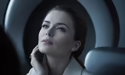 the woman with an ear ring is sitting near a circular object