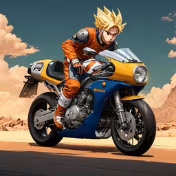 gohan on his bike in an abstract pose,a character wearing orange and blue riding on a motorcycle