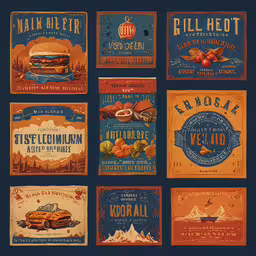 different advertising materials for some famous brands,this image features the various food labels for hotdogs and burgers