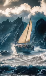 a boat with a sails is sailing near some rocks