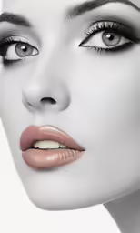 a woman is wearing metallic makeup, black eye liner and red lipstick