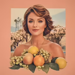 a woman with a bunch of fruit inside her hand