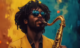 a man wearing a yellow jacket is playing on a saxophone